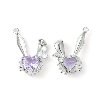 Brass Micro Pave Cubic Zirconia Pendants, Rabbit Head Charm, Real Platinum Plated, Lilac, 24x20.5x5mm, Hole: 1.5mm