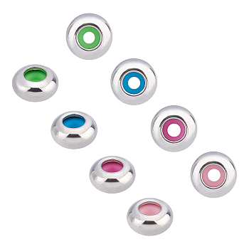 304 Stainless Steel Beads, with Rubber Inside, Slider Beads, Stopper Beads, Rondelle, Stainless Steel Color, 8x4mm, Hole: 4mm, Rubber Hole: 2mm, 4 colors, 20pcs/color, 80pcs/box
