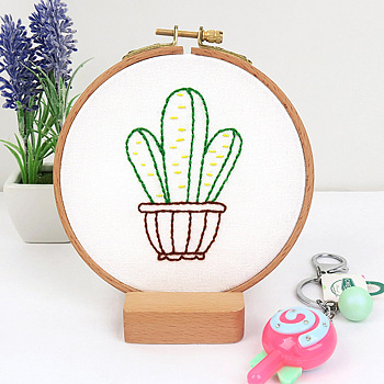 DIY Embroidery Starter Kits, including Embroidery Fabric & Thread, Needle, Embroidery Hoops, Instruction Sheet, Cactus, 184x184mm