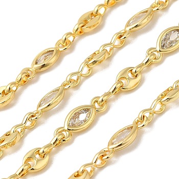 Rack Plating Brass Coffee Bean & Horse Eye Link Chain, with Cubic Zirconia, Unwelded, Long-Lasting Plated, Lead Free & Cadmium Free, Real 18K Gold Plated, 11x3.5x1.5mm, 5x3.5x1mm