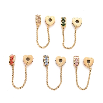 304 Stainless Steel Heart Safety Chain Clip Lock Stopper Charms, European Clasps, with Rhinestone, Golden, for European Charm Bracelets, Mixed Color, 82mm, Hole: 3.5mm