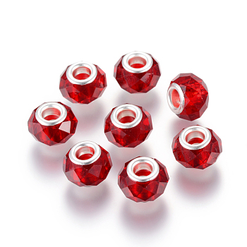 Handmade Glass European Beads, Large Hole Beads, Silver Color Brass Core, Dark Red, 14x8mm, Hole: 5mm