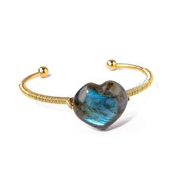 Hand-woven Natural Labradorite Alloy Cuff Bangles, Heart, Golden, Inner Diameter: 2-3/4 inch(7cm)
