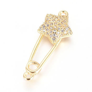 Brass Micro Pave Cubic Zirconia Links connectors, Safety Pin Shape with Star, Clear, Golden, 27x10x3.5mm, Hole: 1.2mm