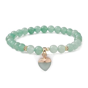 Natural Green Aventurine Round Beaded Stretch Bracelets, with Heart Charms, Inner Diameter: 2-1/8~2-1/4 inch(5.4~5.6cm)