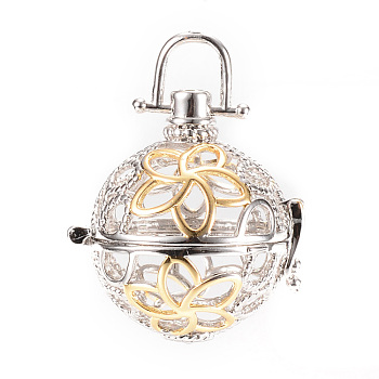 Rack Plating Brass Cage Pendants, For Chime Ball Pendant Necklaces Making, Hollow Round with Flower, Platinum & Golden, 30x28x24mm, Hole: 6x6mm, inner measure: 21mm