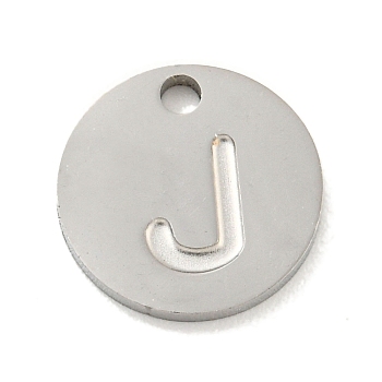 304 Stainless Steel Pendants, Laser Cut, Flat Round with Letter Charm, Stainless Steel Color, Letter J, 10x1mm, Hole: 1.4mm