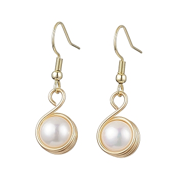 Natural Cultured Freshwater Pearl with Eco-Friendly Copper Wire Dangle Earrings, Round, Light Gold, 35x10.5mm