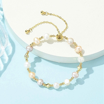 Adjustable Natural Cultured Freshwater Pearl & Brass Beads Slider Bracelets  for Women, Potato, Real 14K Gold Plated, Mixed Color, 11.02 inch(28cm)