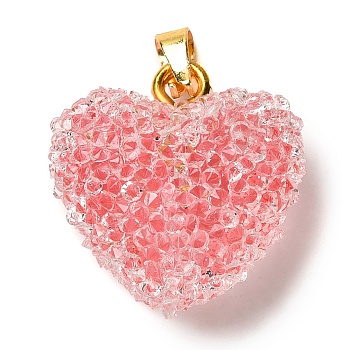 Transparent Resin Dotted Rhinetone Pendants, Heart Charms with Rack Plating Brass Findings, Real 18K Gold Plated, Cadmium Free & Lead Free, Long-Lasting Plated, Light Coral, 21x20x11mm, Hole: 4.5x3mm