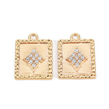 Brass Micro Pave Clear Cubic Zirconia Pendants, Nickel Free, Textured, Rectangle with Rhombus , Real 18K Gold Plated, 19x14x2mm, Hole: 2mm