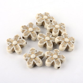 Flower Plating Acrylic Beads, Golden Metal Enlaced, Beige, 16x16x7.5mm, Hole: 2mm