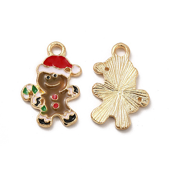 Christmas Alloy Pendants, with Enamel, Gingerbread Man Charm, Light Gold, 19.5x12.5x1.5mm, Hole: 2mm