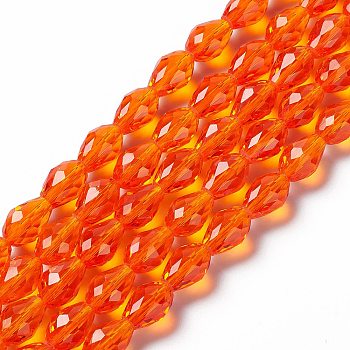 Glass Beads Strands, Faceted, Teardrop, Orange Red, 11x8mm, Hole: 1mm, about 57~59pcs/strand, 26.38~26.77 inch