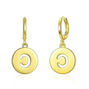 Brass Dangle Hoop Earrings, Flat Round, Golden, 29x14mm
