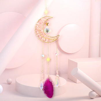 Wire Wrapped Natural Rose Quartz Moon with Tree of Life Pendant Decorations, Glass Cone and Natural Agate Slice Suncatchers Tassel Window Hanging Ornaments, 530~585mm