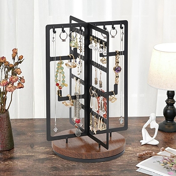 Rotatable Iron Jewelry Display Rack, Jewelry Stand, For Hanging Necklaces Earrings Bracelets, with Wood Base, Black, 22x32.3cm