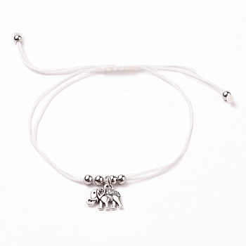 Braided Nylon Thread Anklets, with 304 Stainless Steel Round Beads and Alloy Charms, Elephant, Antique Silver & Stainless Steel Color, Inner Diameter: 2-3/4~3-3/4 inch(7~9.5cm)