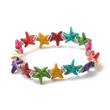 Starfish/Sea Stars Synthetic Turquoise(Dyed) Beaded Stretch Bracelet with Rhinestone, Gemstone Jewelry for Women, Colorful, Inner Diameter: 2-1/8 inch(5.3cm)