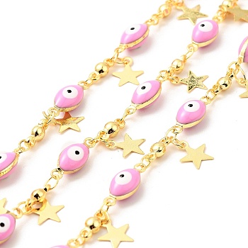 Enamel Horse Eye Link Chains, with Real 18K Gold Plated Star Charms, Soldered, Long-Lasting Plated, with Spools, Pearl Pink, 5x13x4mm, 3x7.5x2.8mm