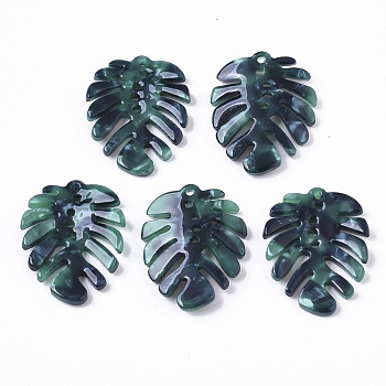 Cellulose Acetate(Resin) Pendants, Tropical Leaf Charms, Monstera Leaf, Dark Cyan, 27x22x4mm, Hole: 1.4mm