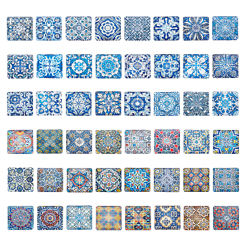 Elite 2 Sets Glass Cabochons, Square with Floor Tile Pattern, Mixed Color, 25x25x7mm, 24pcs/set