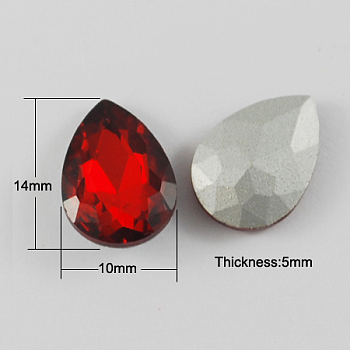 Glass Pointed Back Rhinestone, Back Plated, Faceted, Teardrop, Red, 14x10x5mm