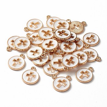 Light Gold Plated Alloy Enamel Pendants, Flat Round with Cross, White, 15x12x1.5mm, Hole: 1.6mm