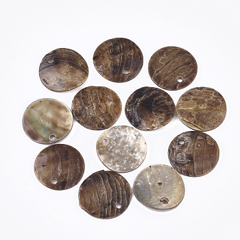 Spray Paint Natural Akoya Shell Pendants, Mother of Pearl Shell Pendants, Flat Round, Sienna, 15x1~3mm, Hole: 1.1~1.5mm