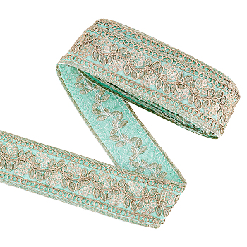 Bohemian Embroidery Floral Polyester Ribbon, Jacquard Ribbon, with Metallic Wire Twist Ties, Turquoise, Ribbon: 1-5/8 inch(40mm) wide, ahout 4.8~5 yards; Ties: 120x4mm, 2pcs