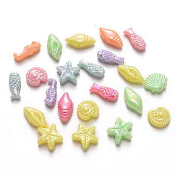 Opaque Acrylic Beads, AB Color Plated, Mixed Marine Organism Shapes, Mixed Color, 5~14x5~12x3.5~4.5mm, Hole: 1.6mm