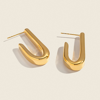 Minimalist Geometric U-Shaped 304 Stainless Steel Stud Earrings, Real 18K Gold Plated, 30x13.8mm