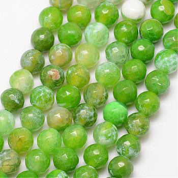 Natural Fire Crackle Agate Bead Strands, Round, Grade A, Faceted, Dyed & Heated, Lawn Green, 8mm, Hole: 1mm, about 47pcs/strand, 15 inch
