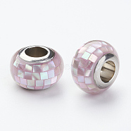 304 Stainless Steel Resin European Beads, with Shell and Enamel, Rondelle, Large Hole Beads, Lavender Blush, 12x8mm, Hole: 5mm(RPDL-P002-A08)
