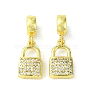 Rack Plating Brass Micro Pave Cubic Zirconia European Dangle Charms, Flat Round with Tree Large Hole Pendants, Long-Lasting Plated, Lead Free & Cadmium Free, Lock, Real 18K Gold Plated, 26x9x3.5mm, Hole: 5mm(KK-K330-47G)