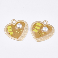 Epoxy Resin Pendants, with ABS Plastic Imitation Pearl and Glass, Alloy Findings and Enamel, Heart, Matte Gold Color, Goldenrod, 35x33.5x5.5mm, Hole: 3x4.5mm(RESI-S365-69E)