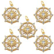 5Pcs Brass Micro Pave clear Cubic Zirconia Pendants, with Shell and Jump Rings, Nickel Free, Flat Round with Star, Real 16K Gold Plated, 22x19x4mm, Hole: 3x5mm(ZIRC-SZ0002-56)