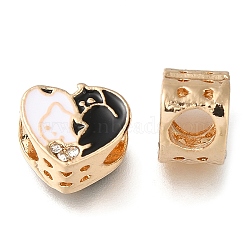 Rack Plating Alloy Enamel European Beads, with Rhinestone, Large Hole Beads, Heart with Cat, Golden, 10.5x12.5x7.5mm, Hole: 5mm(PALLOY-A009-21G)