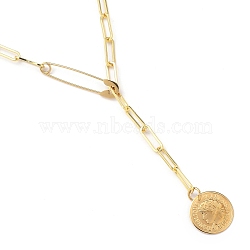 Lariat Necklaces, with 201 Stainless Steel Safety Pins, Brass Paperclip Chains and 304 Stainless Steel Coin Pendants, Flat Round with Republique Francaise 1808, Golden, 20.86 inch(53cm)(NJEW-JN02993-02)