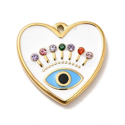 Ion Plating(IP) 304 Stainless Steel Rhinestone Pendants, with Enamel, Golden, Heart with Eye, White, 23x24x3.5mm, Hole: 1.6mm(STAS-H175-11G)
