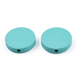 Painted Natural Poplar Wood Beads, Flat Round, Medium Turquoise, 20x5mm, Hole: 1.4mm(WOOD-S045-063B-07)