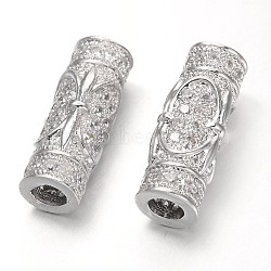 Column with Fleur De Lis Brass Micro Pave Cubic Zirconia Tube Beads, Platinum, 18x7mm, Hole: 3.5mm(ZIRC-D061-P)