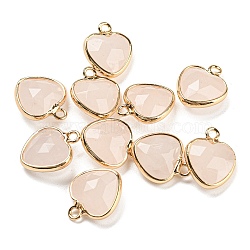 Natural Rose Quartz Faceted Heart Charms, with Golden Tone Brass Edge, 13.5x11x5mm, Hole: 1.6mm(G-Q006-07G-09)