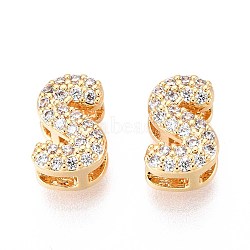 Brass Micro Pave Clear Cubic Zirconia Beads, Letter, Nickel Free, Letter S, 9x6x5mm, Hole: 2.5~3.5X1.8mm(KK-T071-17G-S)