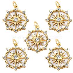5Pcs Brass Micro Pave clear Cubic Zirconia Pendants, with Shell and Jump Rings, Nickel Free, Flat Round with Star, Real 16K Gold Plated, 22x19x4mm, Hole: 3x5mm(ZIRC-SZ0002-56)