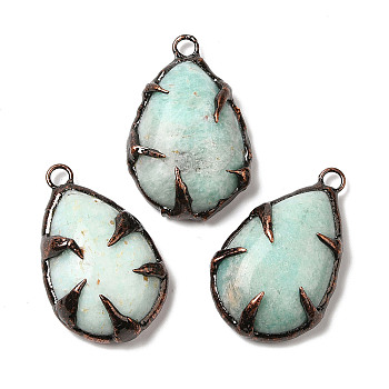 Natural Amazonite Pendants, Teardrop Charms, with Red Copper Plated Tin Findings, 36x23x9mm, Hole: 3mm
