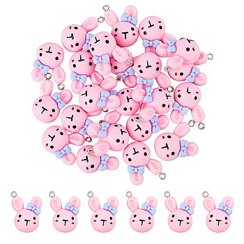 30Pcs Opaque Resin Pendants, Rabbit Head Charms with Platinum Iron Loops, Pearl Pink, 27.5x20x10mm, Hole: 2mm