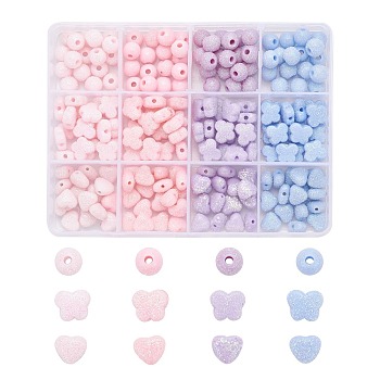240Pcs 12 Style Opaque Acrylic Beads, with Glitter Powder, Round & Butterfly & Heart, Mixed Color, 8~9x9.5~11x5.5~7mm, Hole: 1.4~2mm, 20Pcs/Style