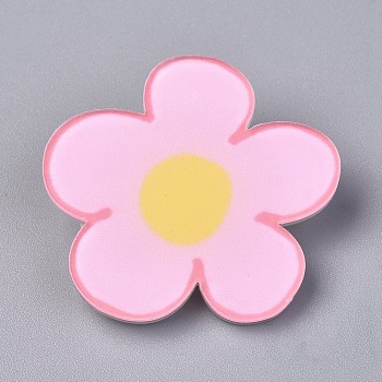 Acrylic Badges Brooch Pins, Cute Lapel Pin, for Clothing Bags Jackets Accessory DIY Crafts, Flower, Pink, 37x38x7.5mm, Pin: 0.8mm