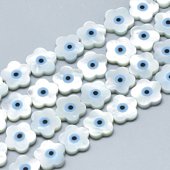 Natural White Shell Mother of Pearl Shell Beads, with Natural Turquoise, Flower with Evil Eye, Deep Sky Blue, 10x10x2mm, Hole: 0.5mm